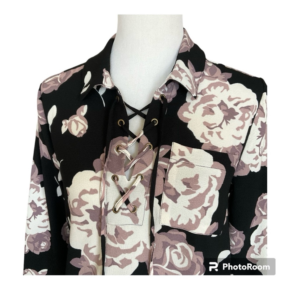 Mud Pie Kinsley Lace Up Floral Shirt Dress |Tunic Long Sleeve Black Size S - Picture 4 of 10